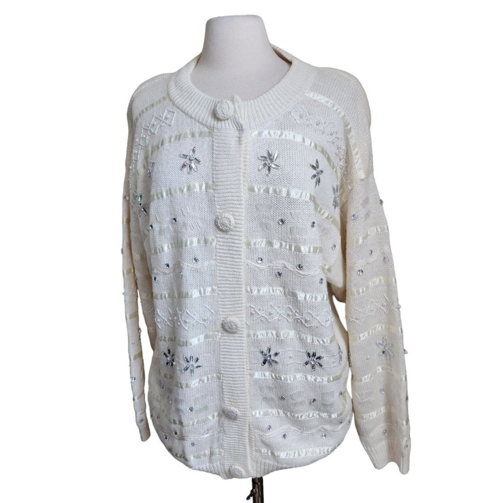 Vtg‎ 80s Accessory Lady Sweater Cardigan Size Large Ribbon Cottagecore Boho